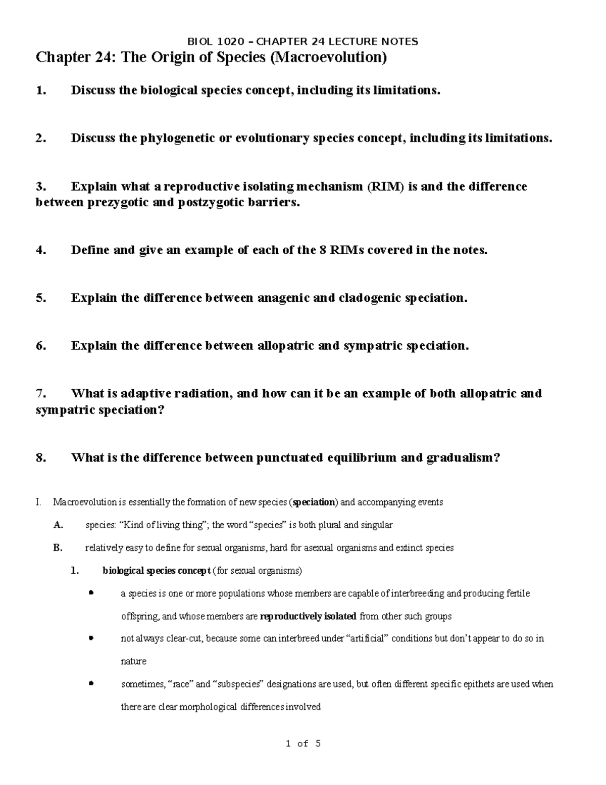 Chapter 24 - The Origin of Species: Macroevolution Concepts and ...