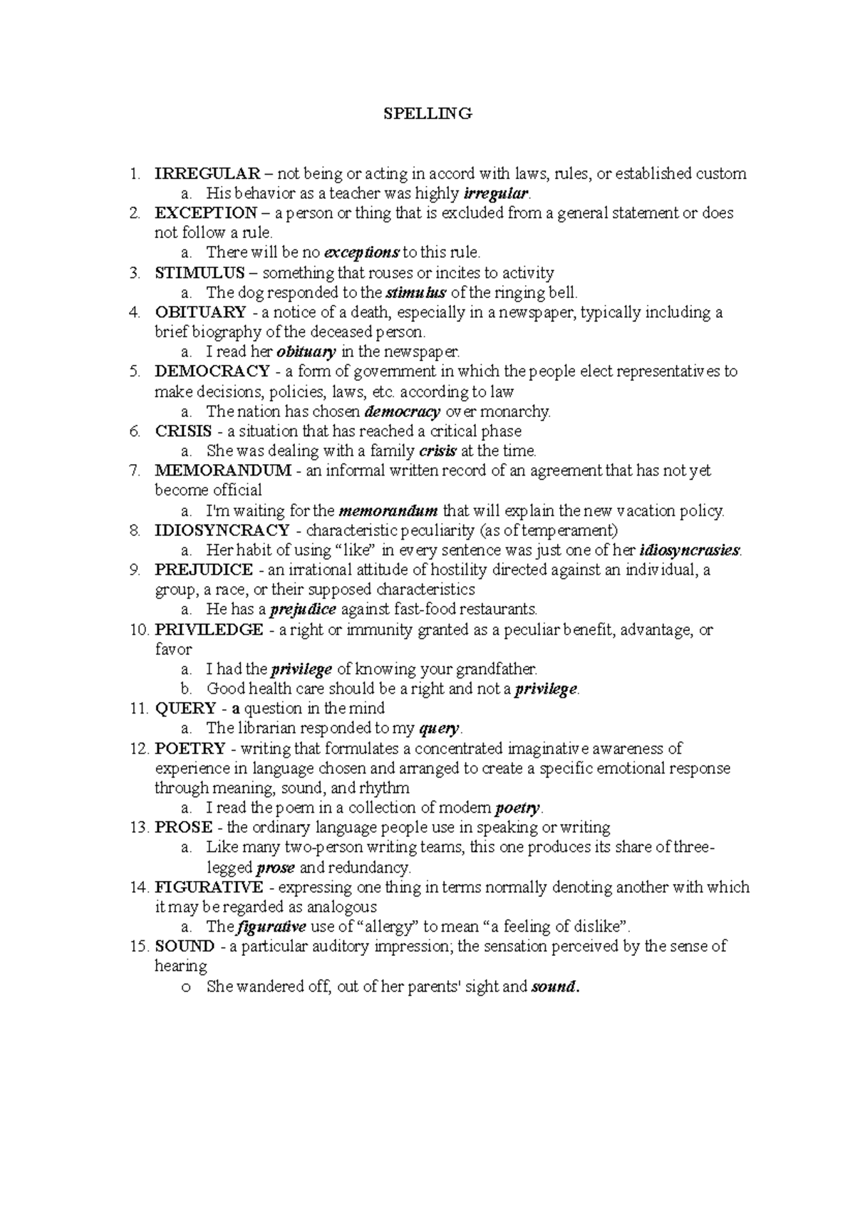 Spelling Terms and Definitions: Key Concepts for Study - Studocu