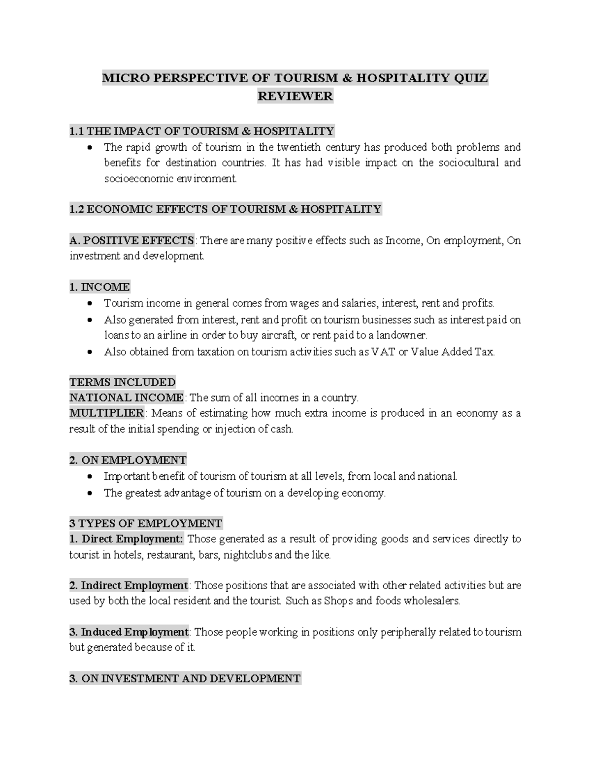 Micro Perspective of Tourism & Hospitality Quiz Reviewer 1.1 - Studocu