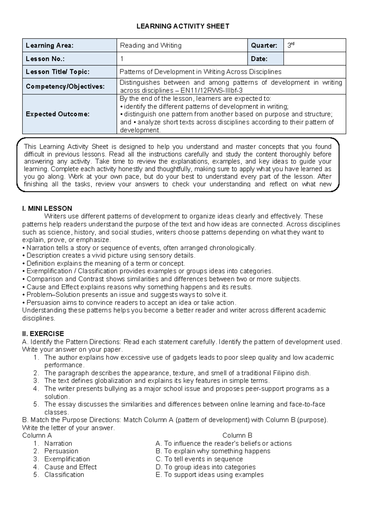 LAS RW Competency 1: Patterns of Development in Writing - Studocu