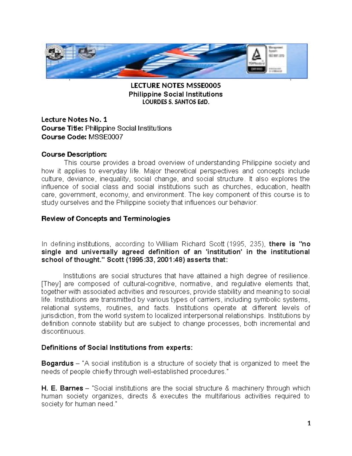Lecture Notes 1 - LECTURE NOTES MSSE Philippine Social Institutions ...