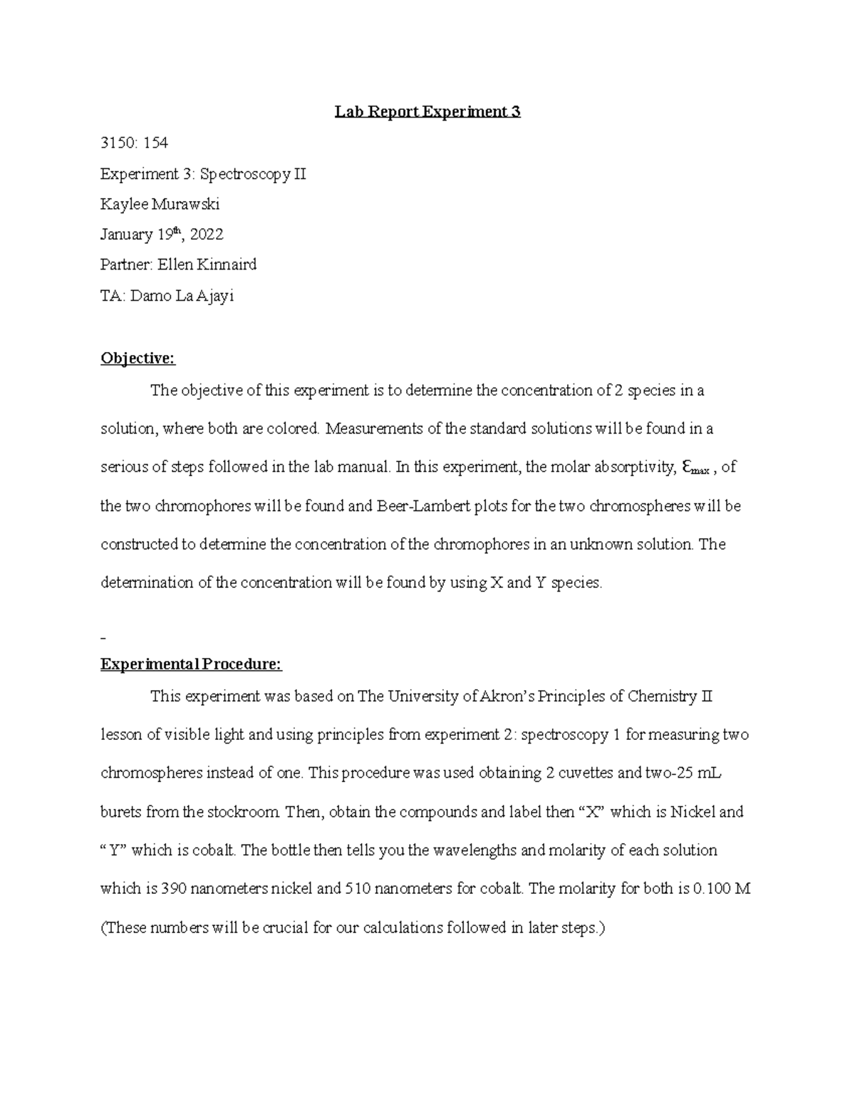 Lab Report #3: Spectroscopy II Analysis for 3150:154 Experiment - Studocu