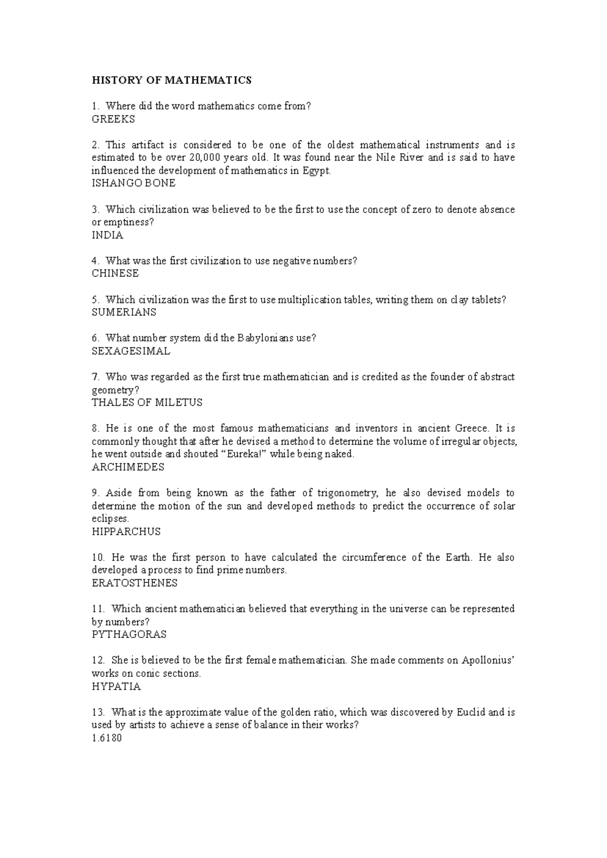 HISTORY OF MATHEMATICS 1: Key Concepts and Influential Figures - Studocu