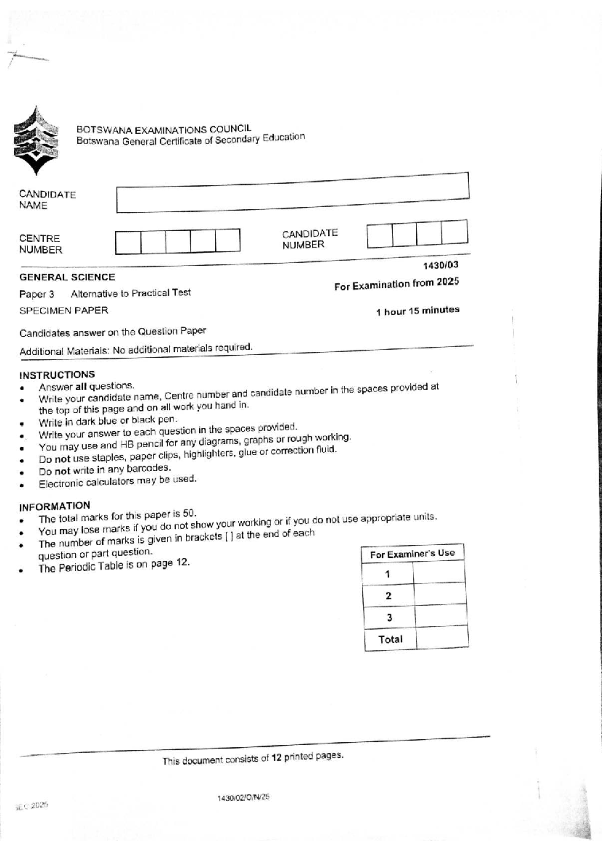 BEC 2025 General Science Paper 3 Alternative to Practical Specimen Exam ...