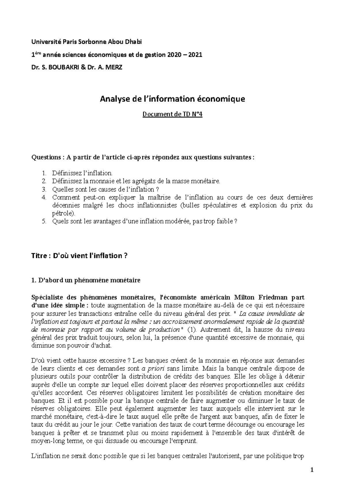 TD 4 : Analyse de l'Inflation en Économie - 2020-2021 - Studocu