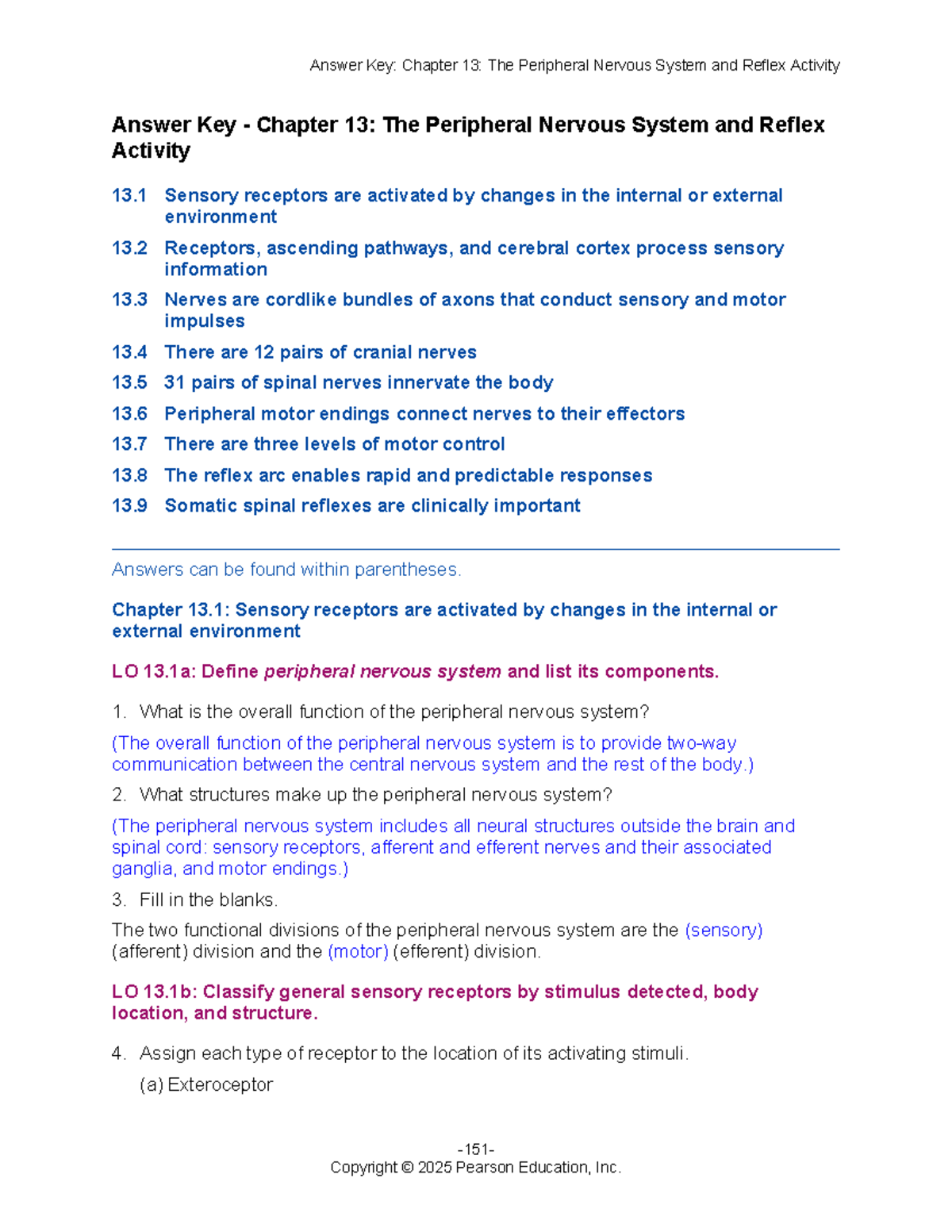 Answer Key: Chapter 13 - Peripheral Nervous System - Studocu