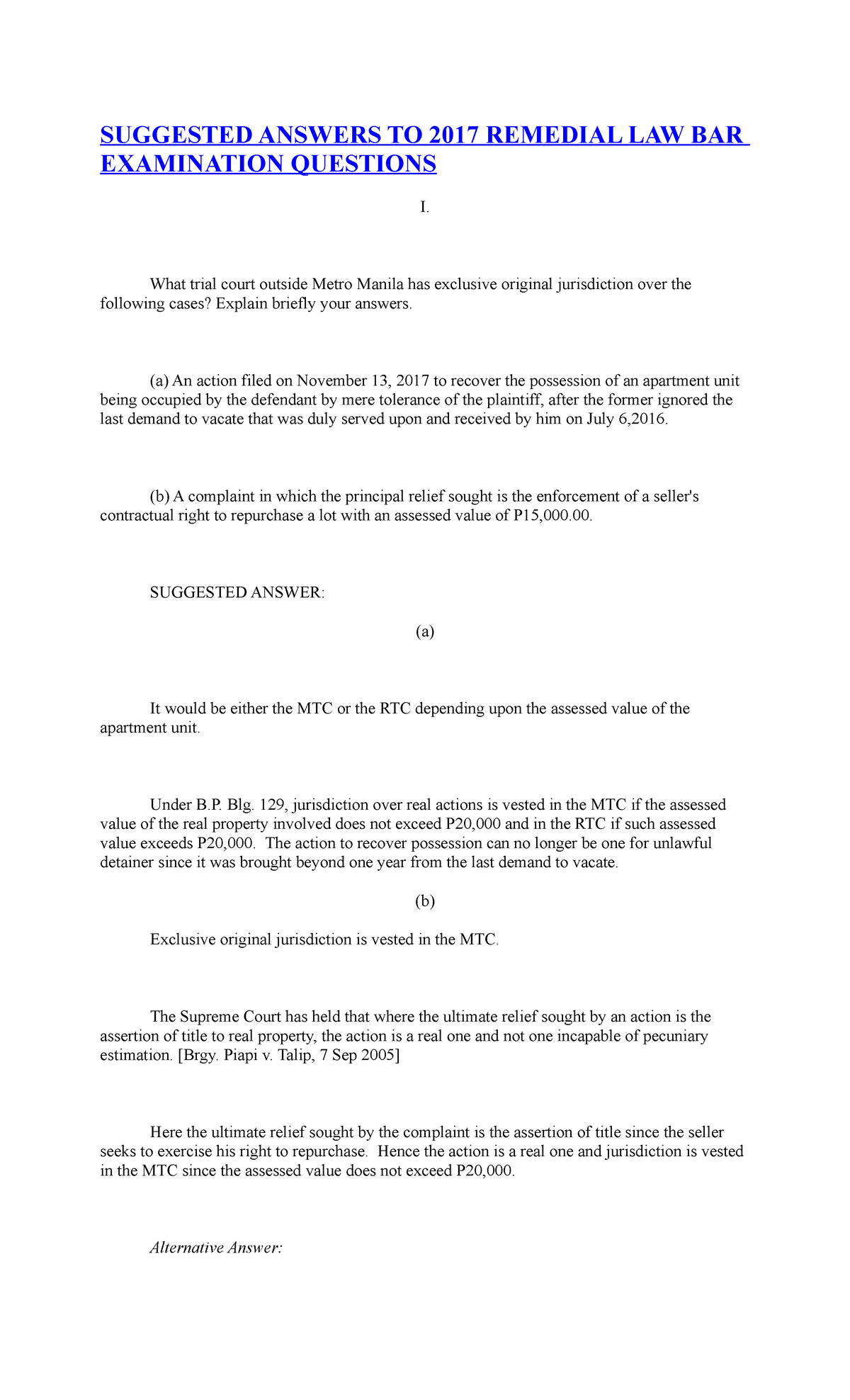 Remedial Law Q&A: Suggested Answers for 2017 Bar Exam Questions - Studocu