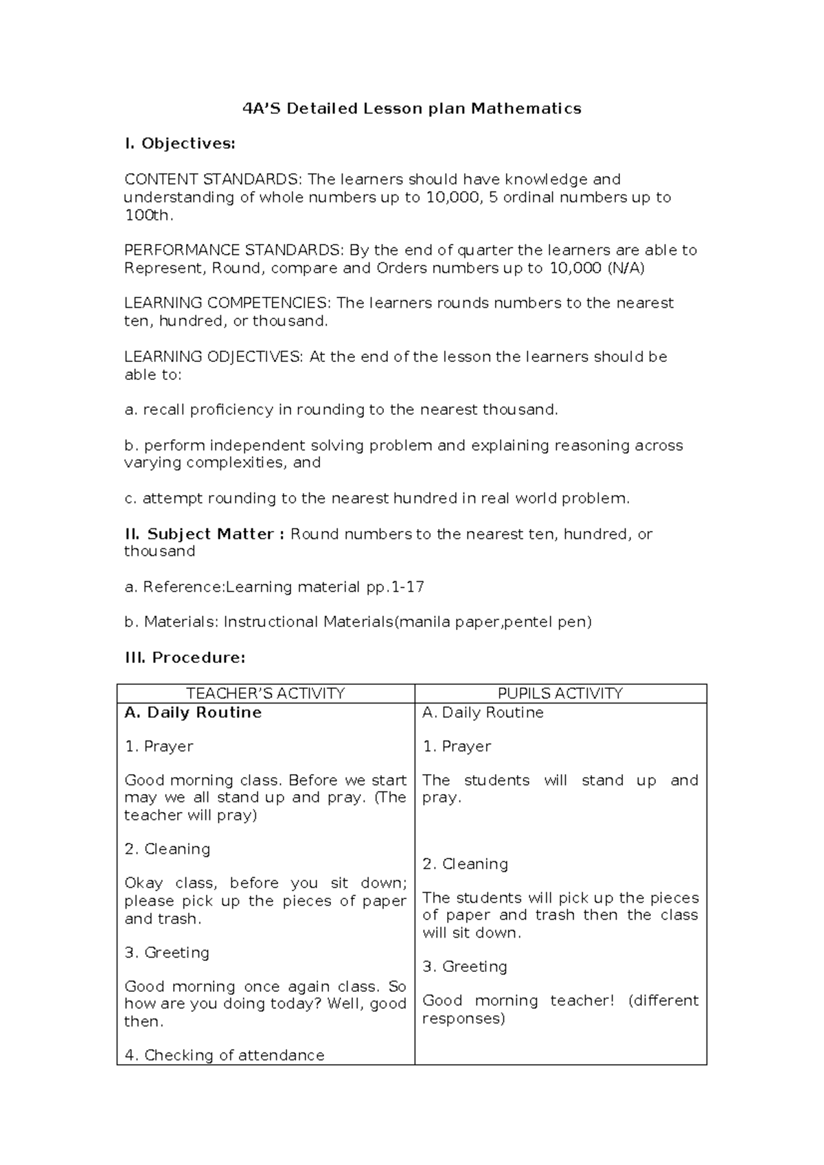 4AS Detailed Lesson Plan: Rounding Whole Numbers - Studocu