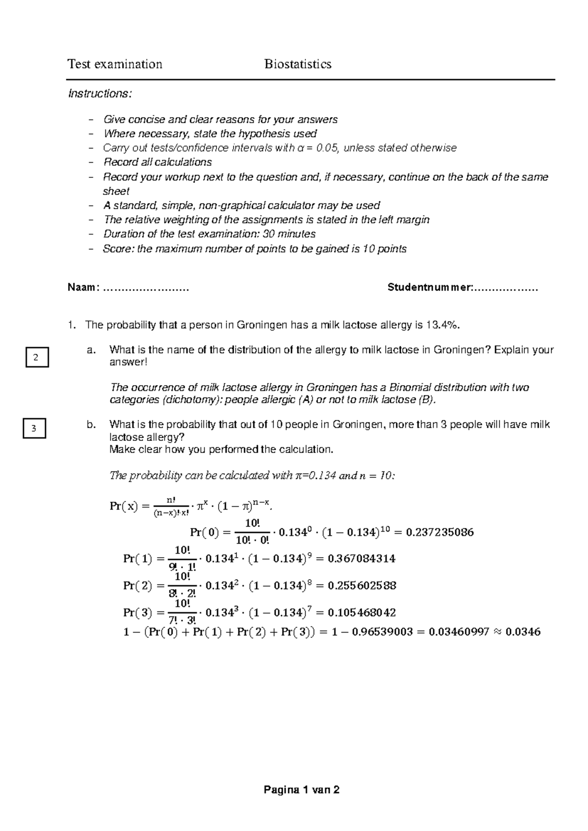Tentamen Biostatistics: Proefexamenvragen & Oplossingen - Studeersnel