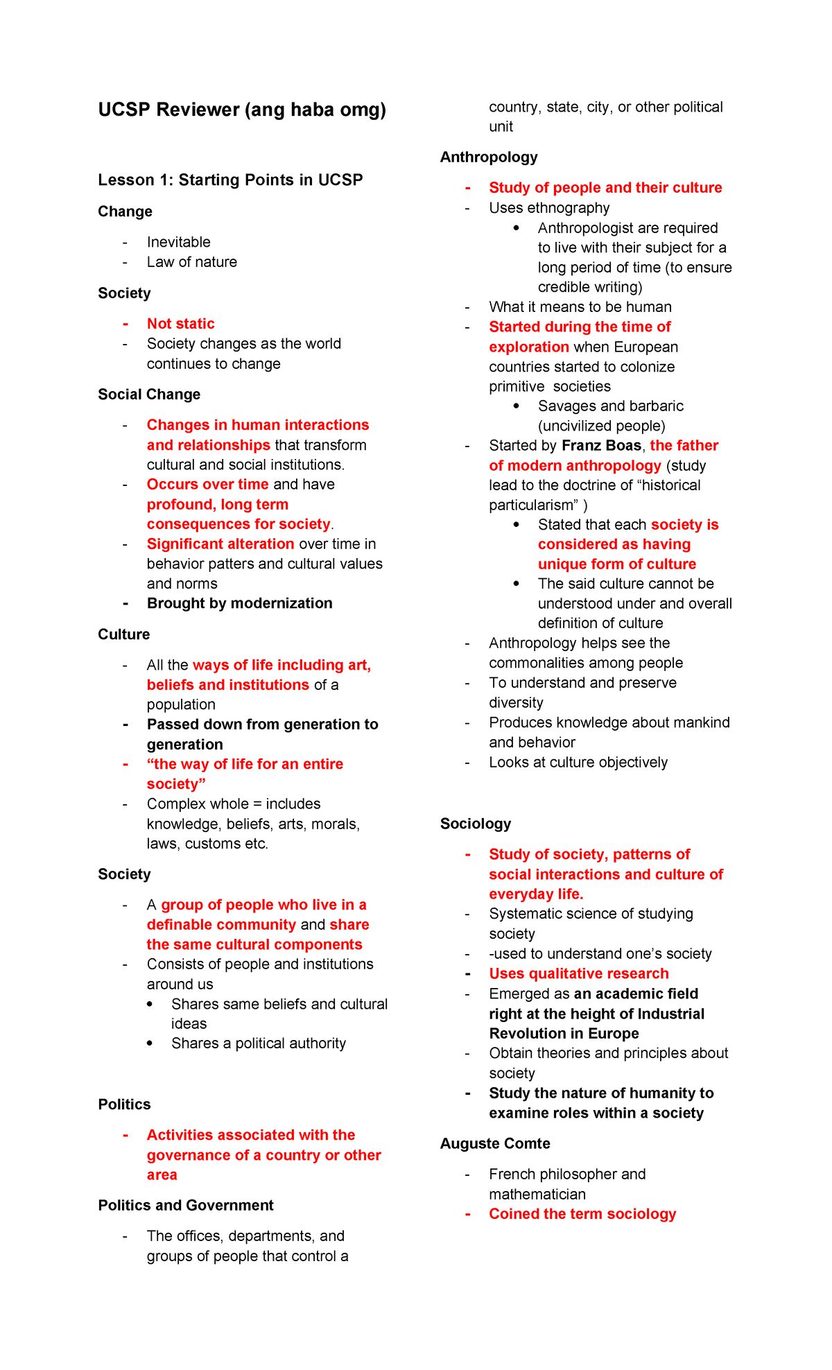 UCSP-Q1: Anthropology Lesson 1-6 Review on Society and Culture - Studocu