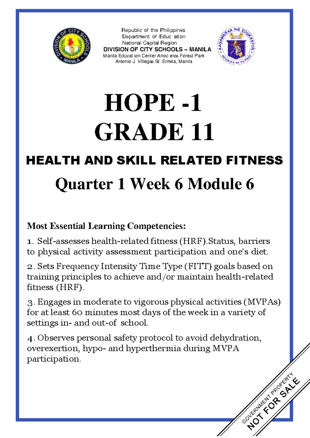 HOPE-1 Q1 W6 - Health and Skill Related Fitness Module for Grade 12 ...