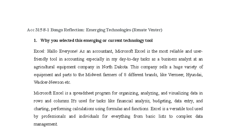 Acc 315 8-1 Reflection on Excel as an Emerging Tech Tool - Studocu