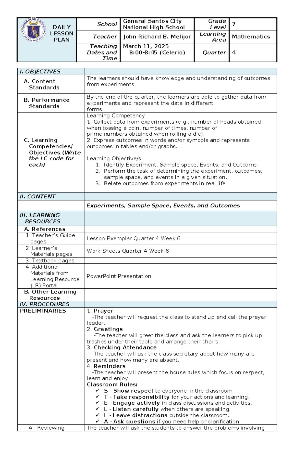 Final DEMO Tuesday - Math Lesson Plan for Grade 7 - Studocu