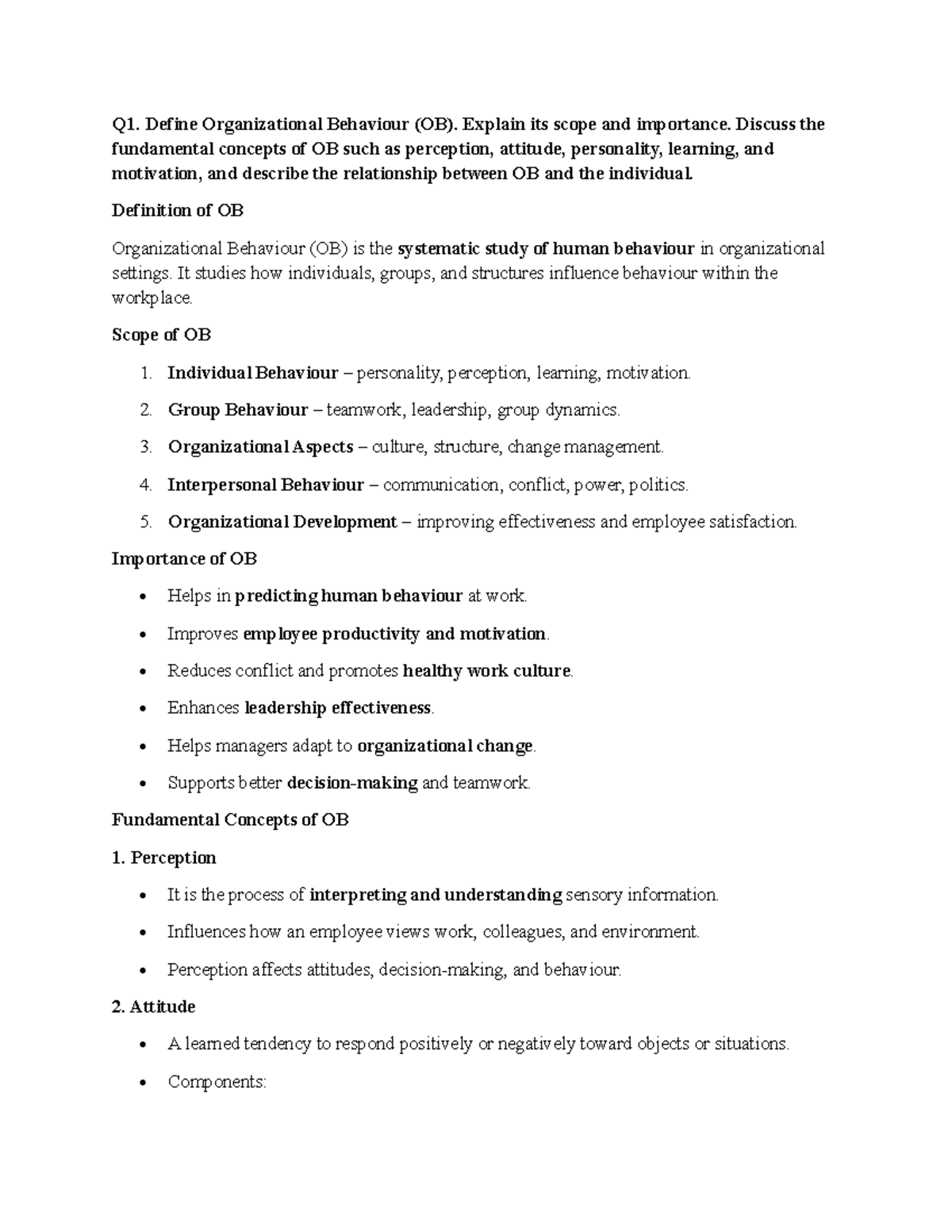 OB Notes: Understanding Organizational Behaviour, Concepts ...