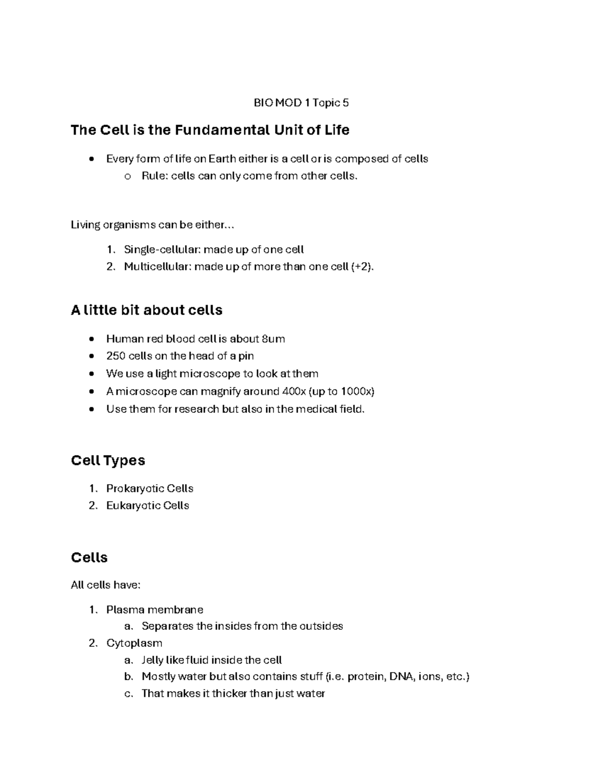 BIO MOD1 Topic 5 - Key Insights on Cell Structure and Function - Studocu