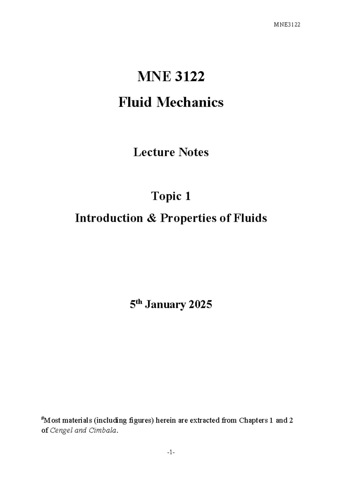 MNE3122 Fluid Mechanics Lecture Notes: Topic 1 - Introduction to Fluids ...