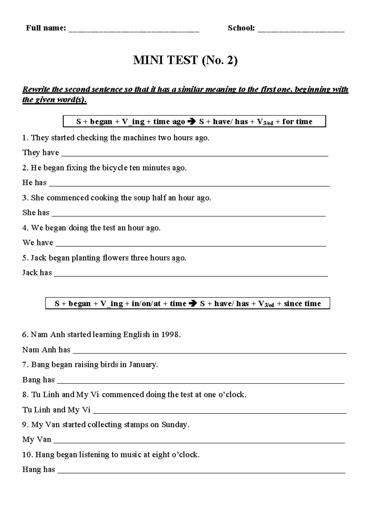 MINI TEST (No. 2): Transformation of Present Perfect to Past Simple ...