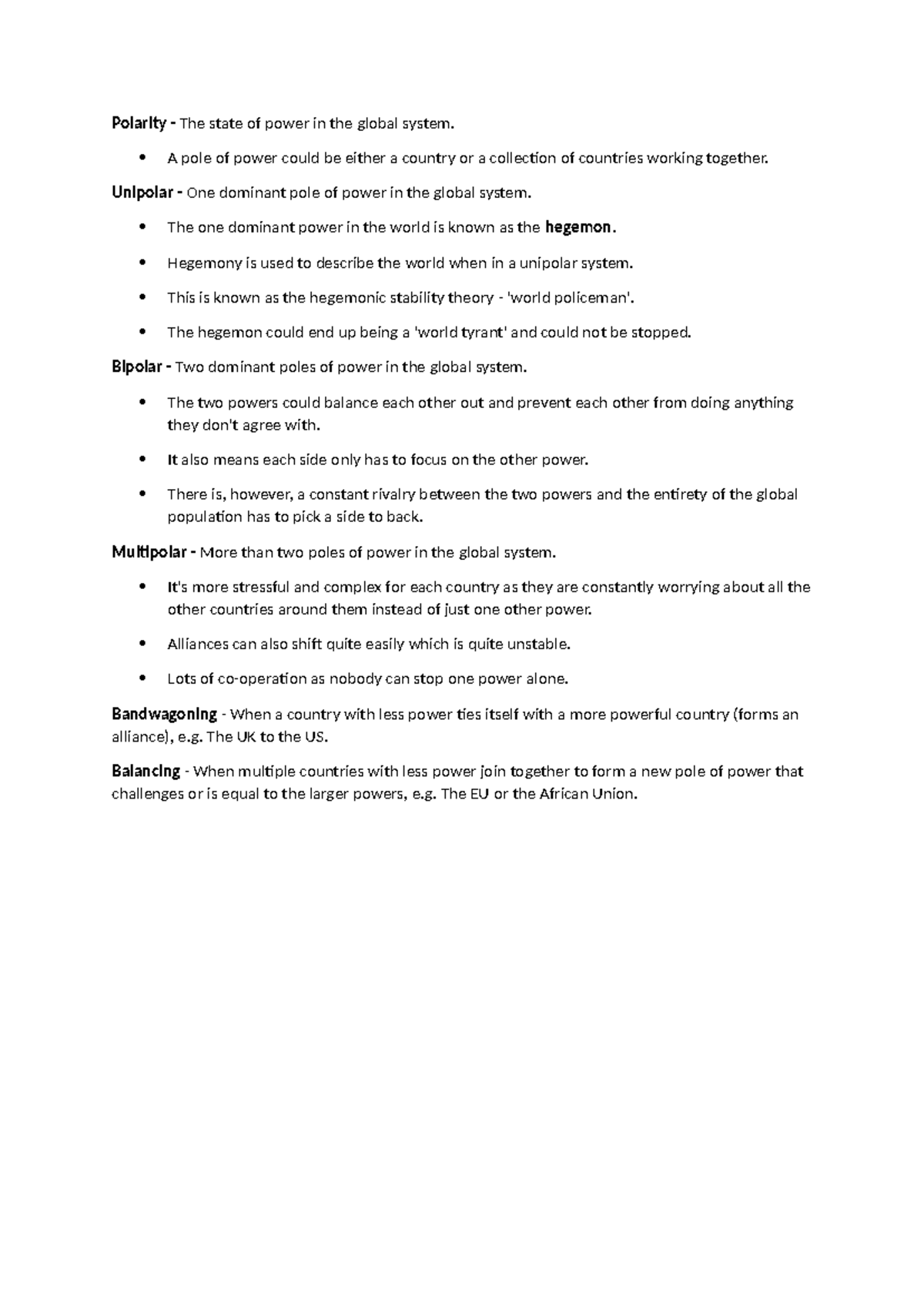 Polarity Class Notes: Understanding Global Power Dynamics - Studocu