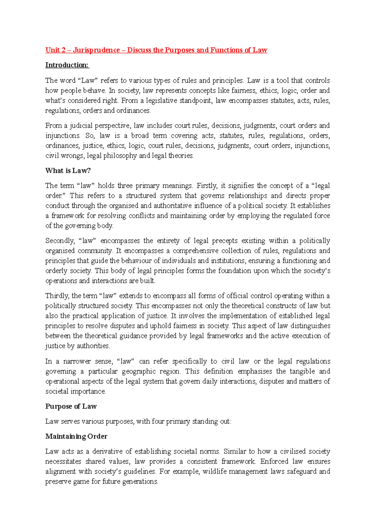 Unit 2 - Jurisprudence: Purposes & Functions of Law Explained - Studocu