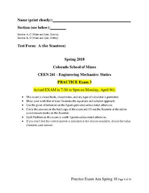 CEEN 241 Final Exam 3 Practice Questions and Solutions - Studocu