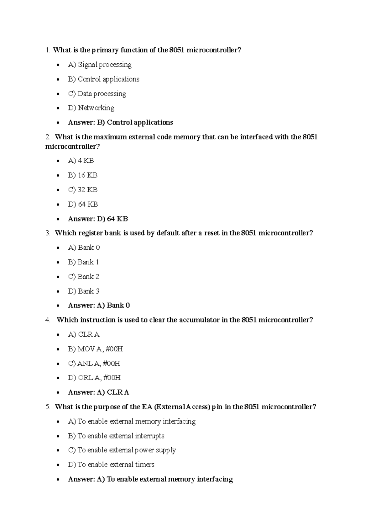 Microcontroller 8051 - BEC405A - Quiz Questions and Answers - Studocu