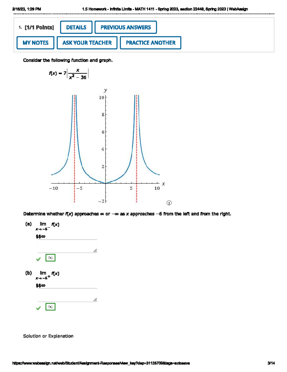 1.5 Homework - Infinite Limits - DETAILS PREVIOUS ANSWERS MY NOTES ASK ...