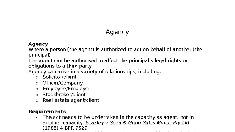 Agency Law Overview: Authority and Responsibilities - Studocu