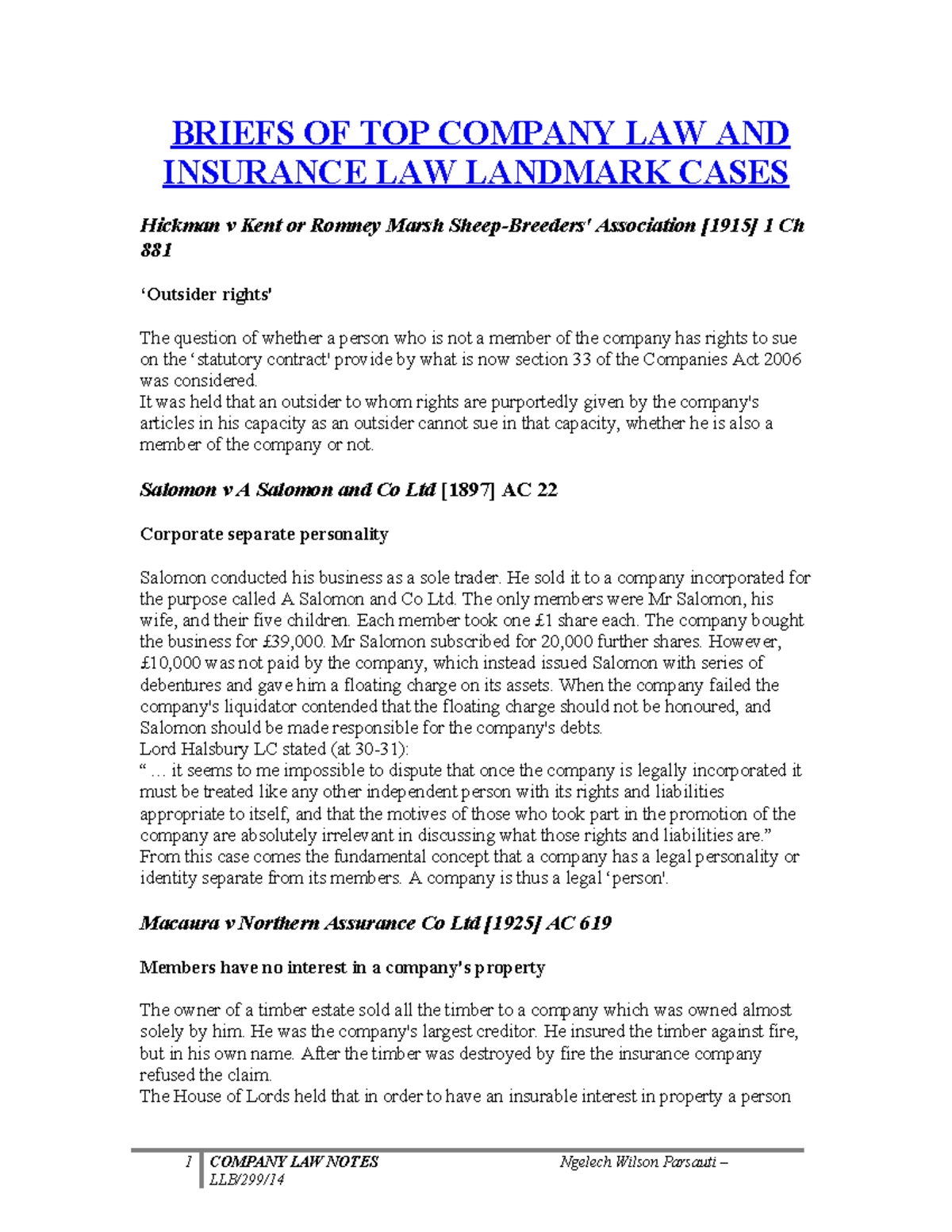 Briefs of Landmark Cases in Company Law & Insurance Law - Studocu