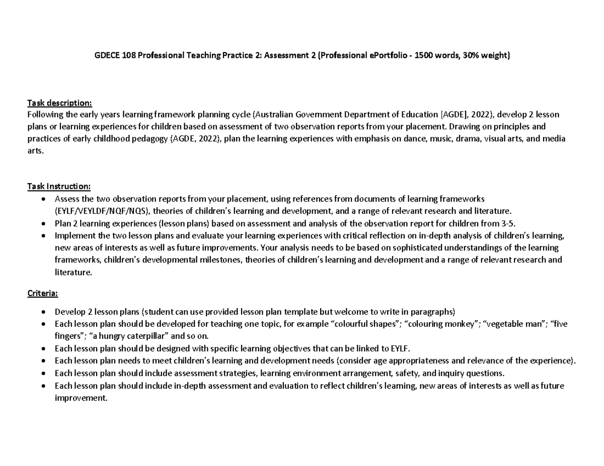 GDECE 108 Professional Teaching Practice 2: Assessment 2 Lesson Plans ...