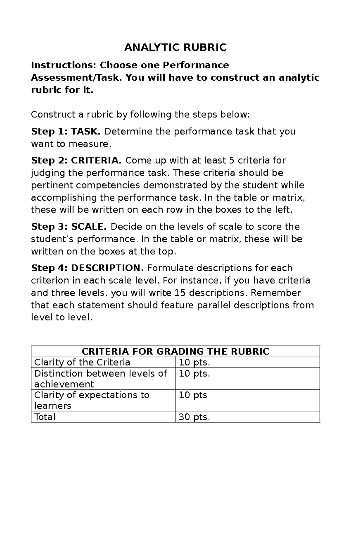 Analytic Rubric Construction Guide for Performance Assessment - Studocu