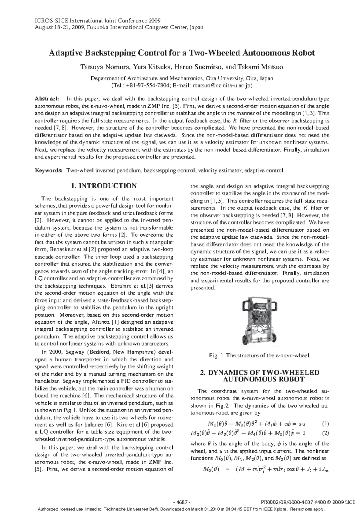 Adaptive Backstepping Control for a Two-Wheeled Autonomous Robot - oita ...