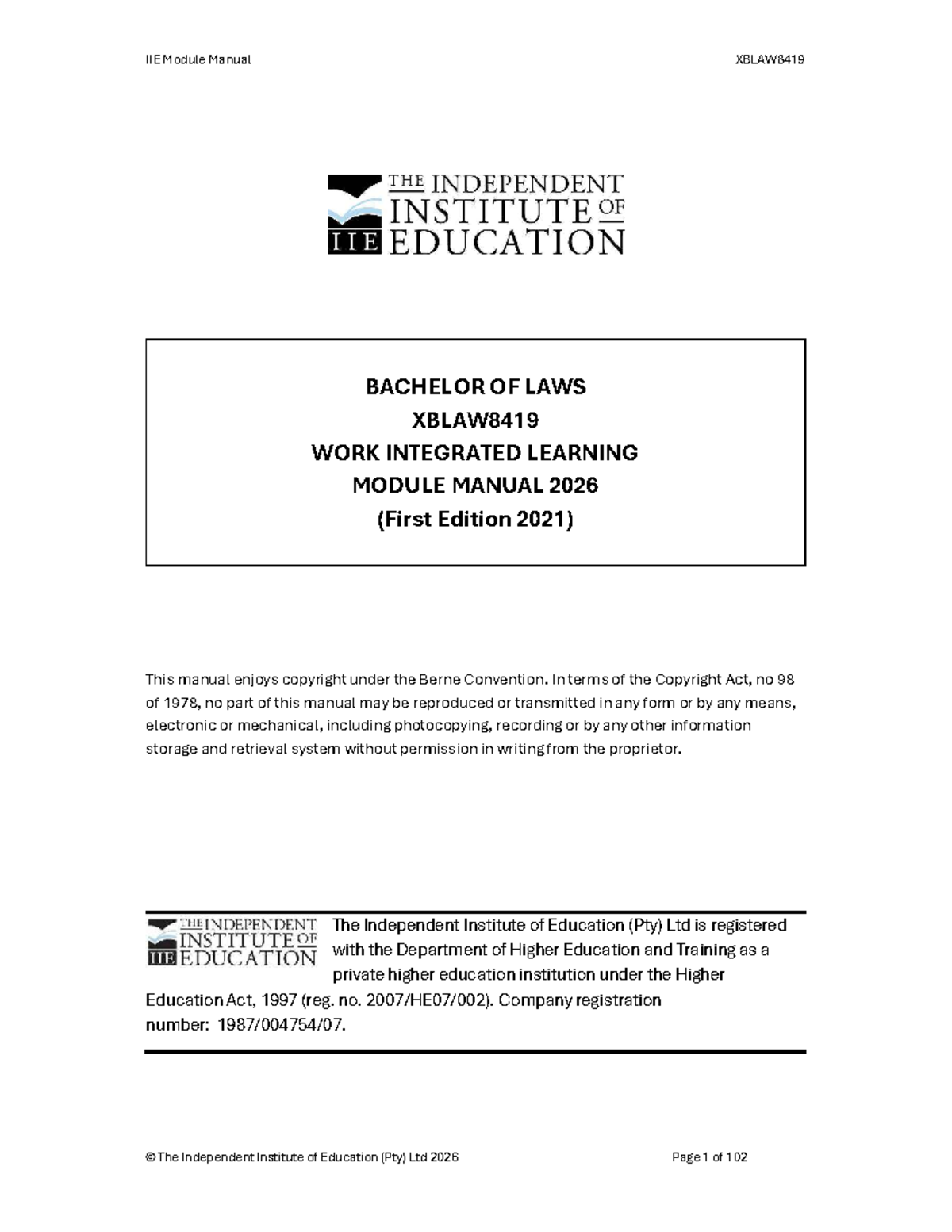 IIE Module Manual XBLAW8419: Work Integrated Learning Guide 2026 - Studocu
