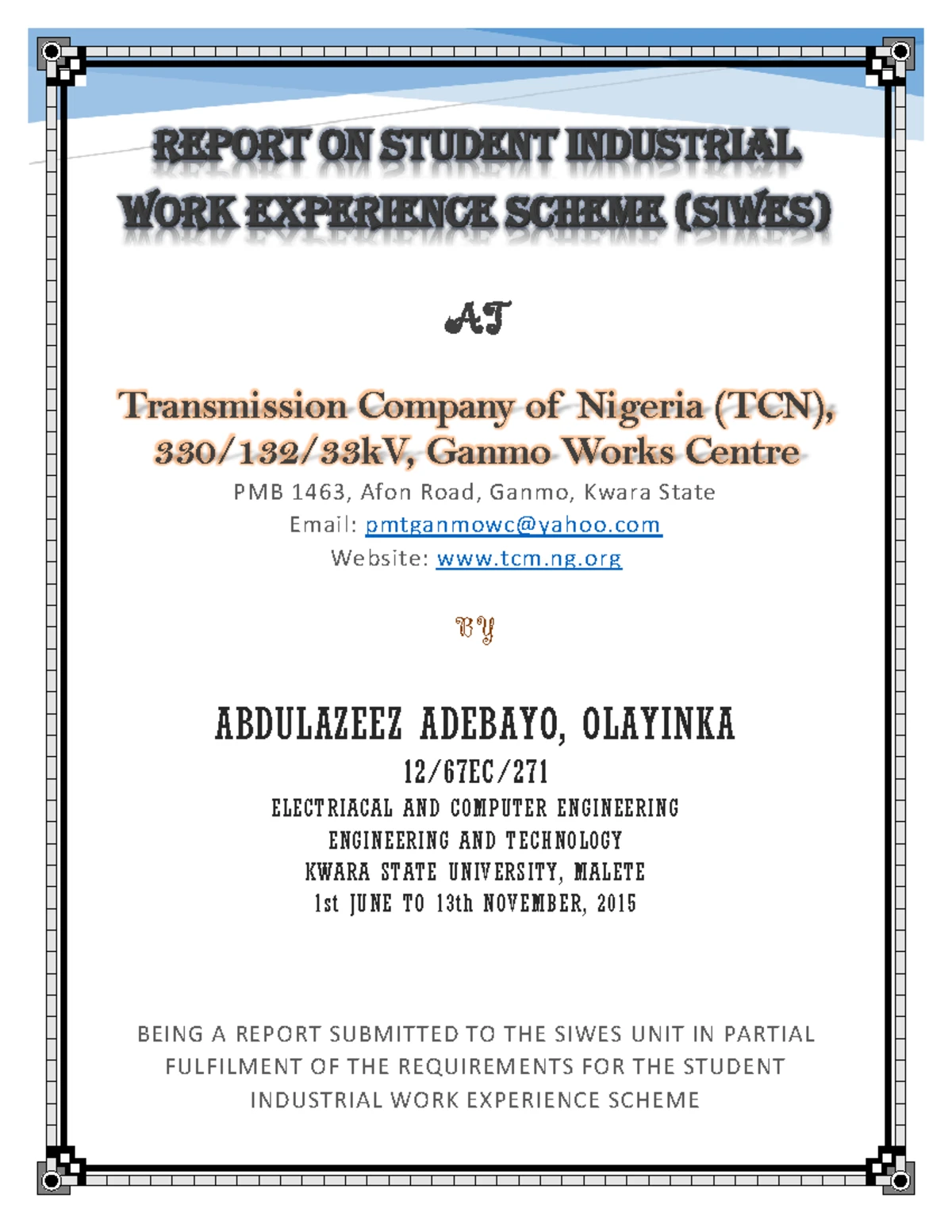 Siwes Report on Transmission Company of - REPORT ON STUDENT INDUSTRIAL ...