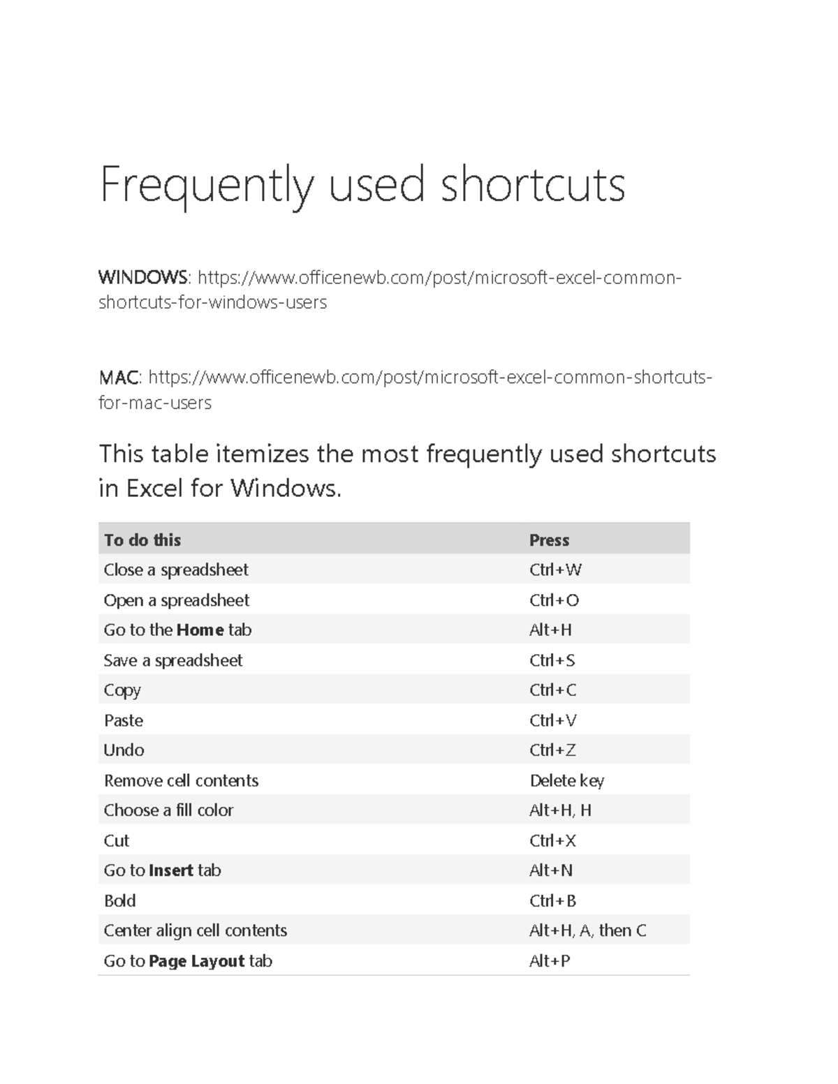 Common Excel Shortcuts for Windows: A Quick Reference Guide - Studocu