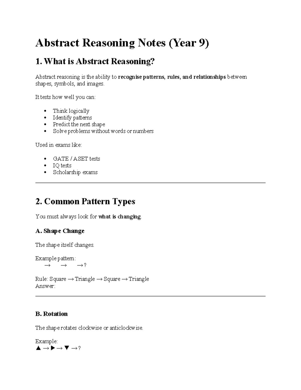 Year 9 Abstract Reasoning Notes: Patterns & Strategies for Exams - Studocu