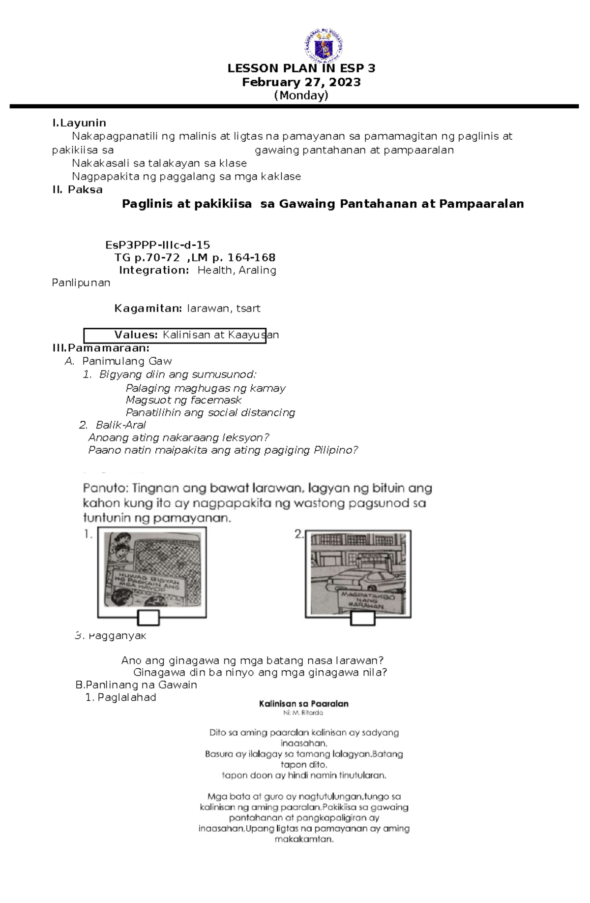 ESP 3 Detailed Lesson Plan: Feb 27 - Mar 3, 2023 - Community ...