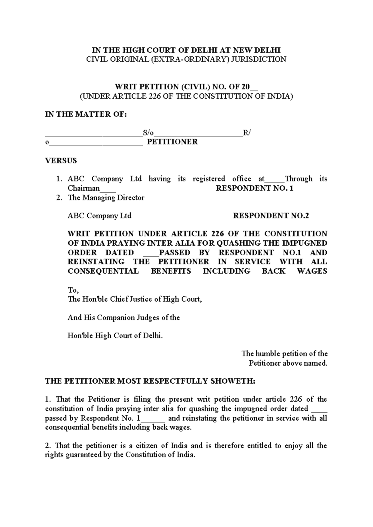 Writ Petition (Civil) No. ___: Quashing Termination & Reinstatement ...