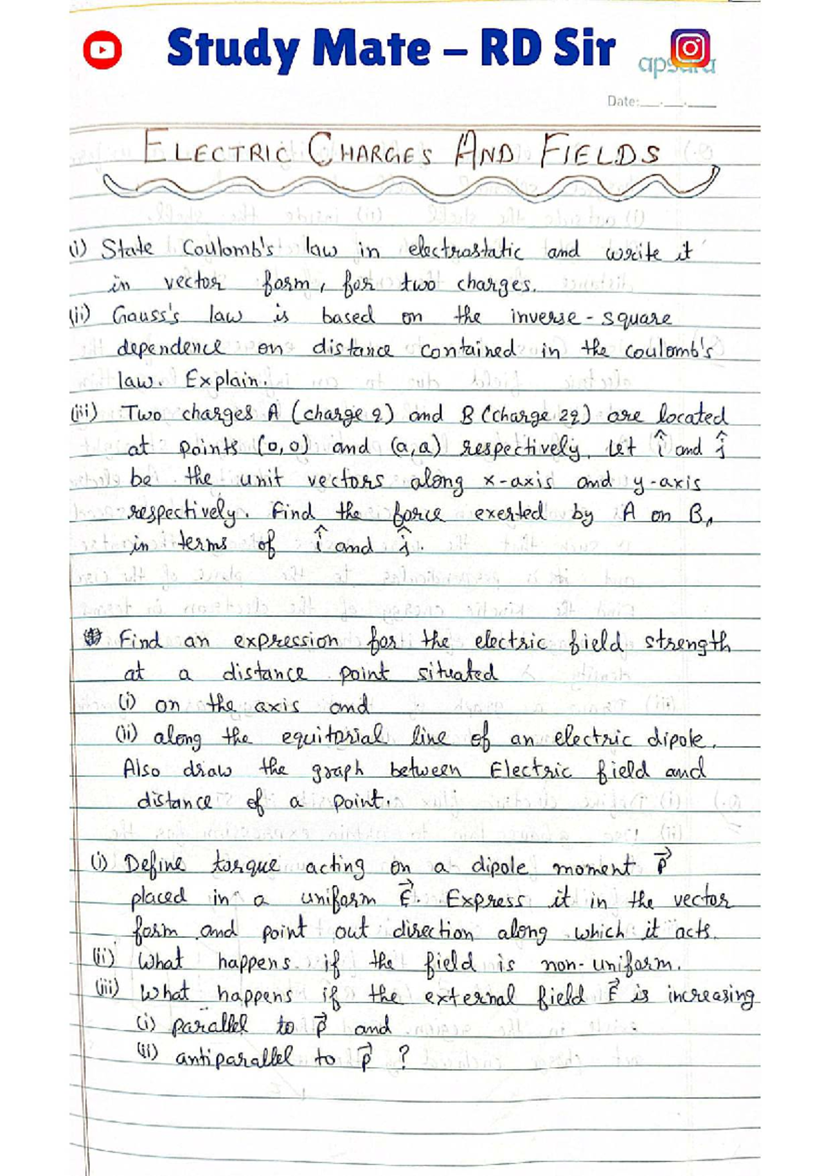 Electric Charges and Fields - Class 12 Study Notes (Unit 1,2) - Studocu