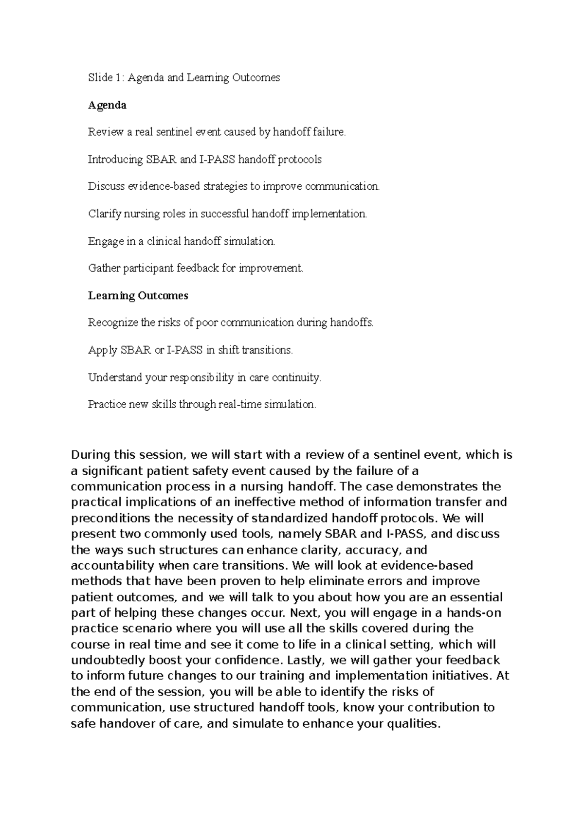 NUR 301: Enhancing Patient Safety through Effective Handoff ...