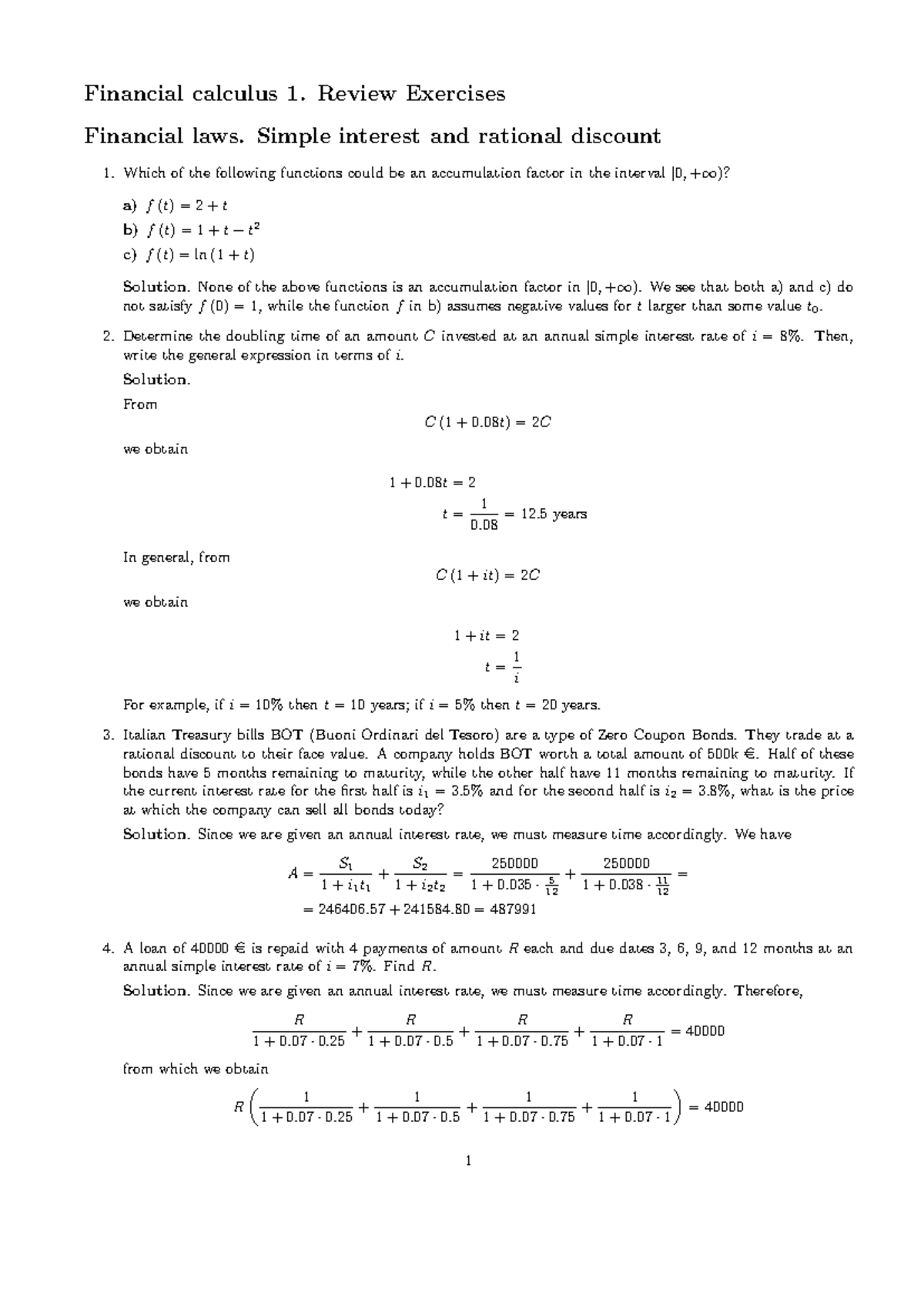 3 - Exercises on Financial Calculus, first part - Financial calculus 1 ...