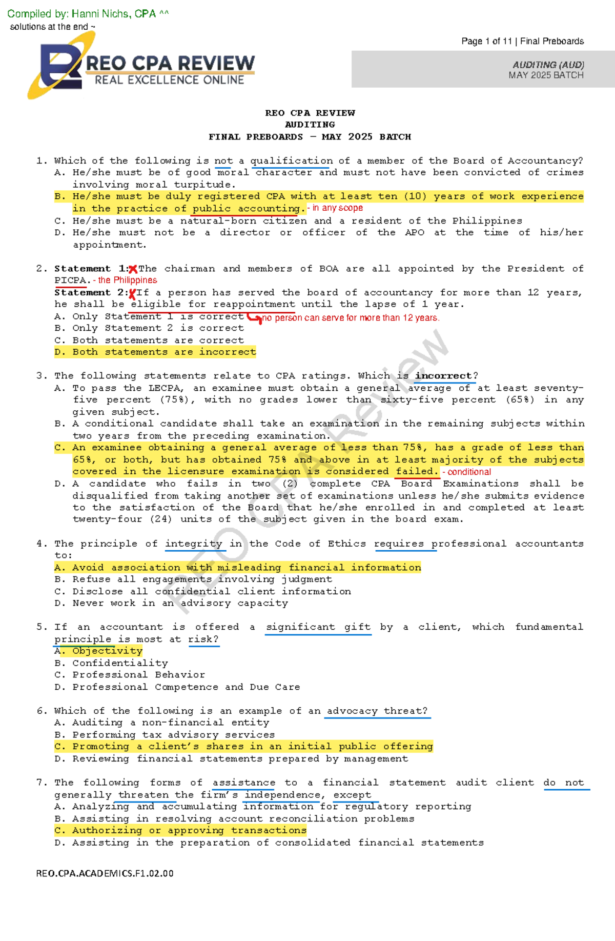 Final Preboards AUDITING (AUD) May 2025 Batch - Compiled Solutions ...