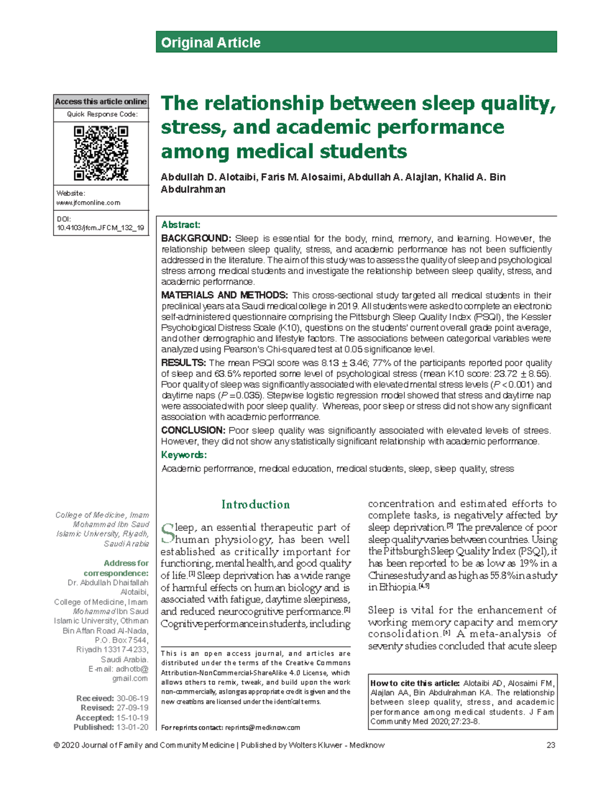 The Impact of Sleep Quality and Stress on Academic Performance in M1-M3 ...