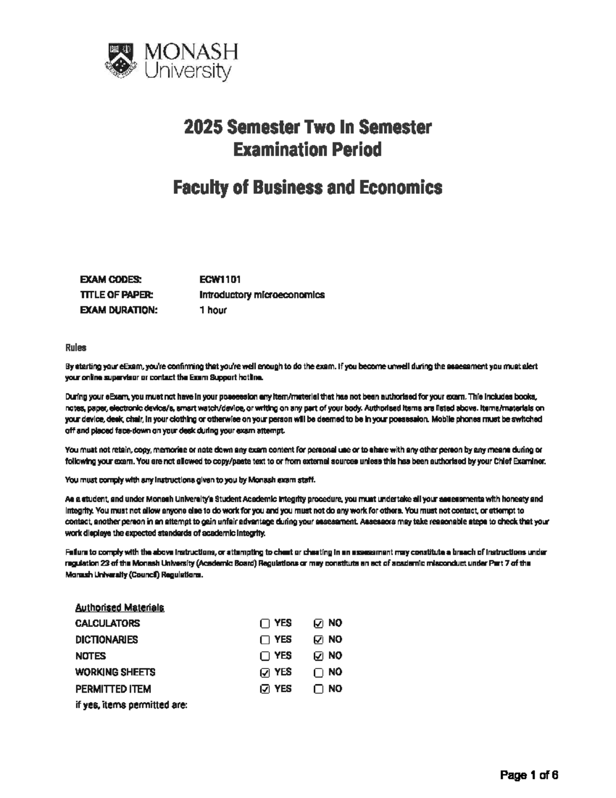 2025 S2 ECW1101 Introductory Microeconomics Exam Instructions - Studocu