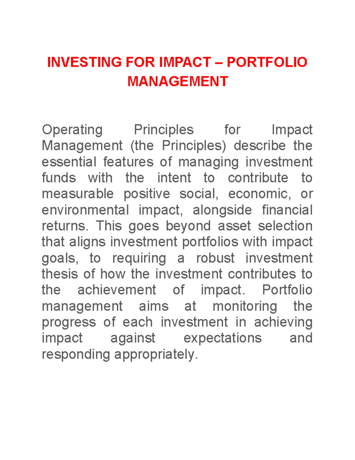 Investing for Impact: Portfolio Management Principles - Studocu