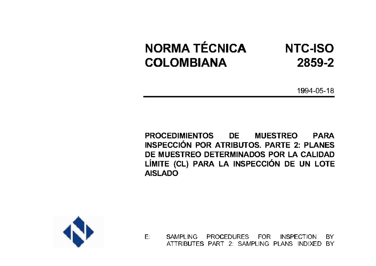 Norma Técnica NTC-ISO 2859-2: Muestreo para Inspección por Atributos - Document Preview
