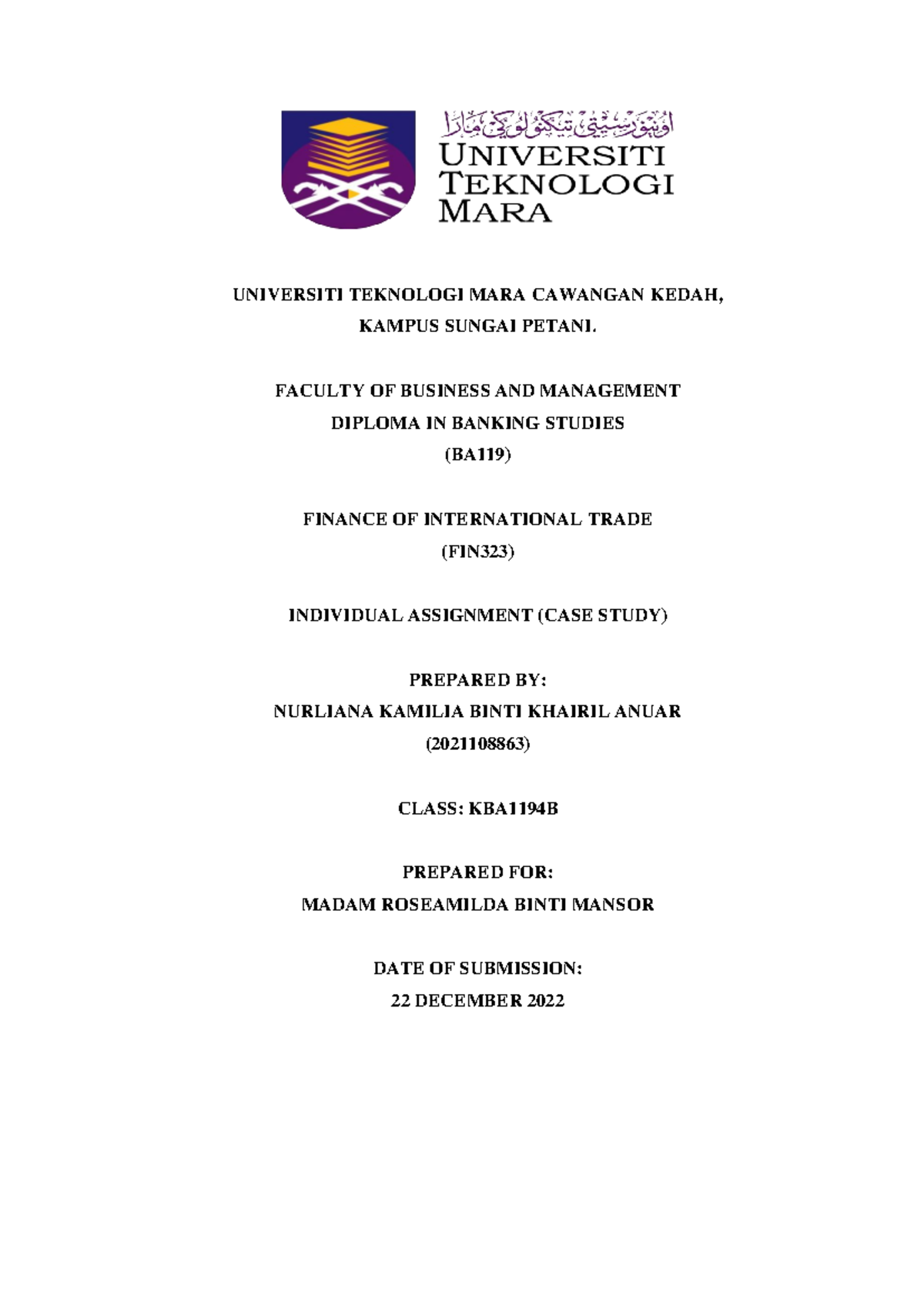 Individual Assignment Case Study on FIN323: International Trade Finance ...