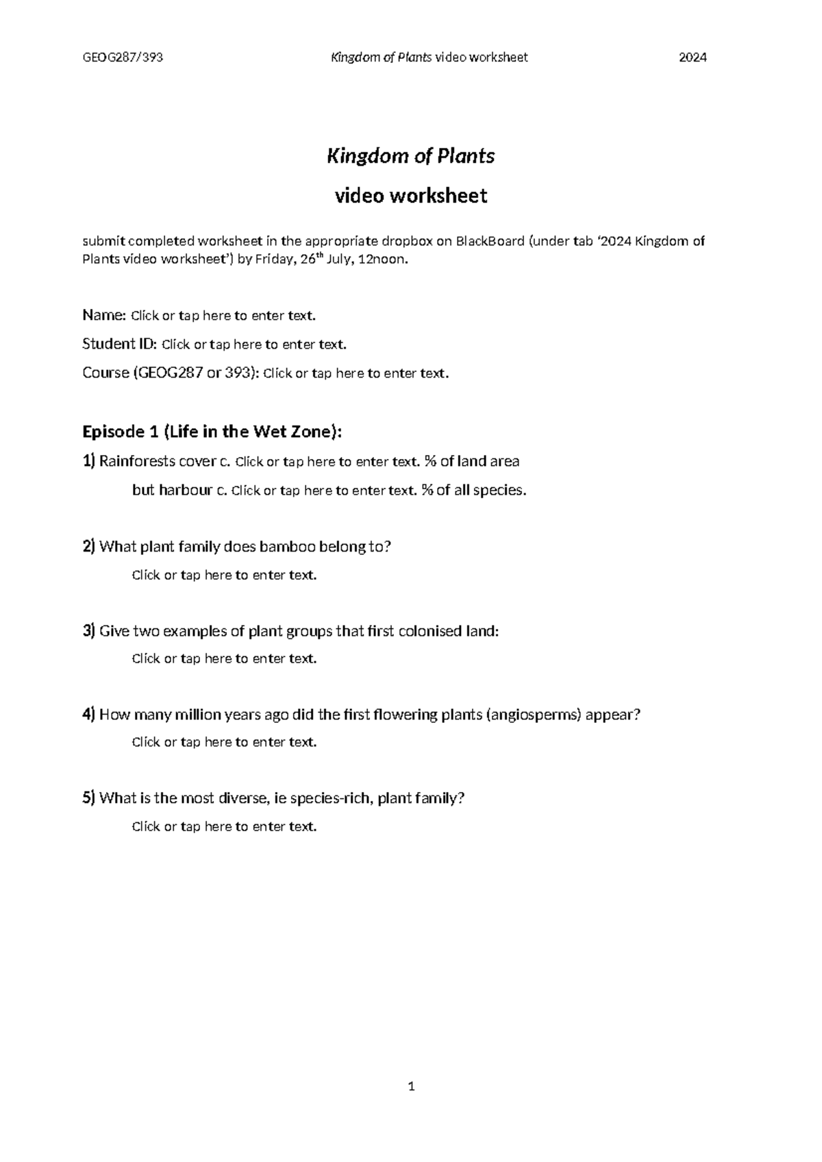 GEOG287/393 2024 Video Worksheet: Exploring the Kingdom of Plants - Studocu