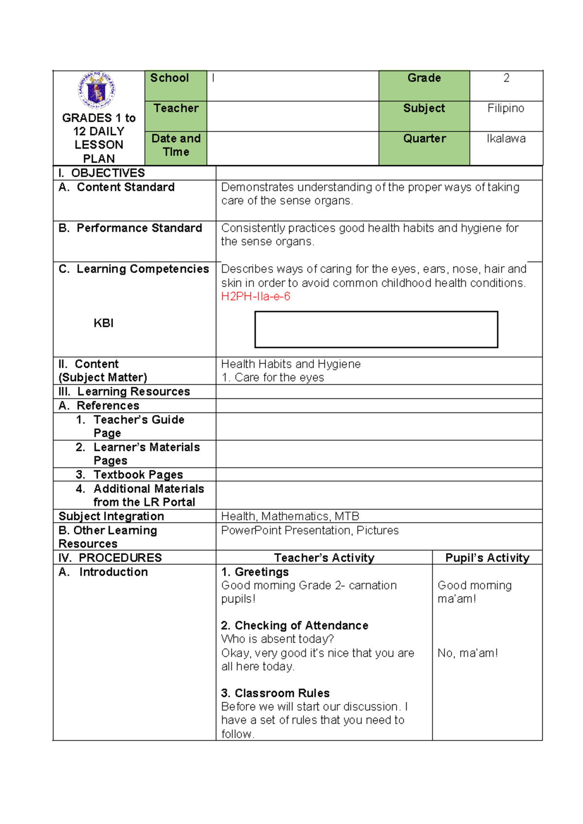 Health 2 - Daily Lesson Plan for Filipino Grade 2: Care for Senses ...