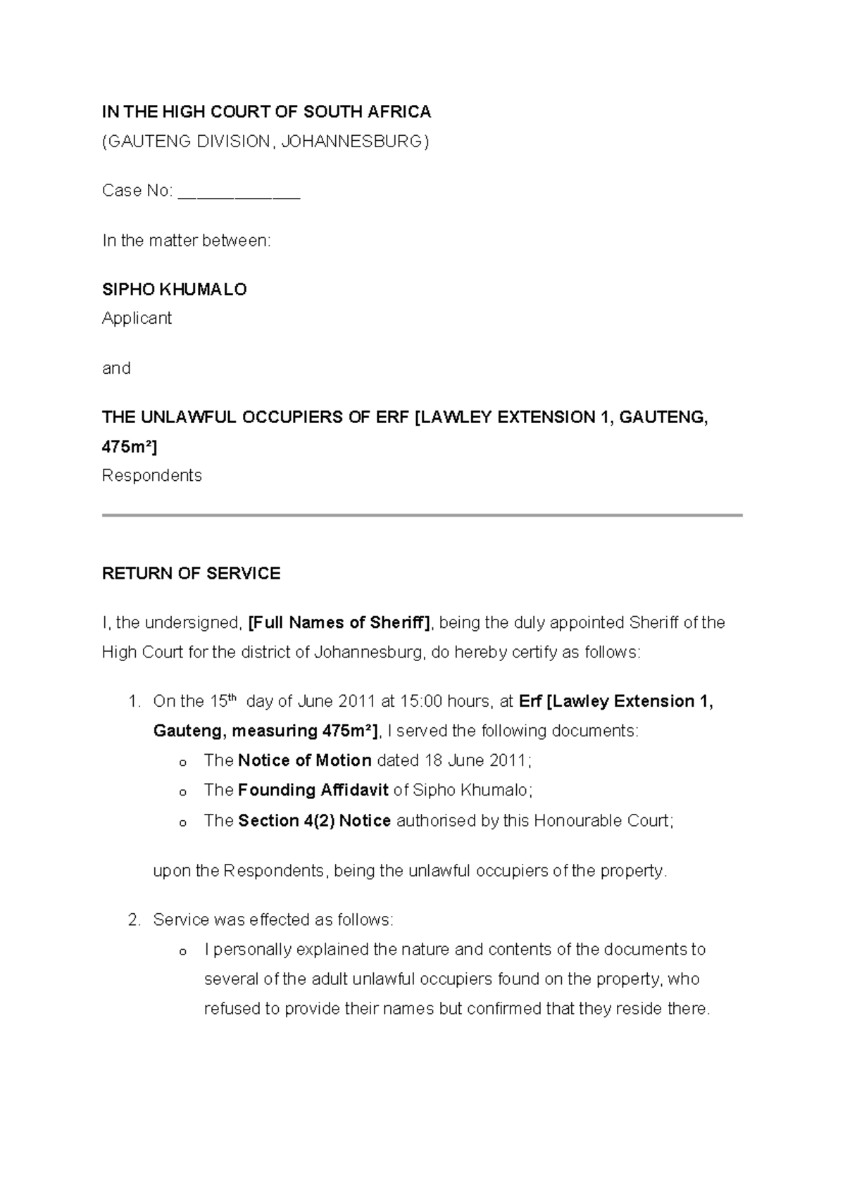 Return of Service - Case No: High Court of South Africa - Studocu