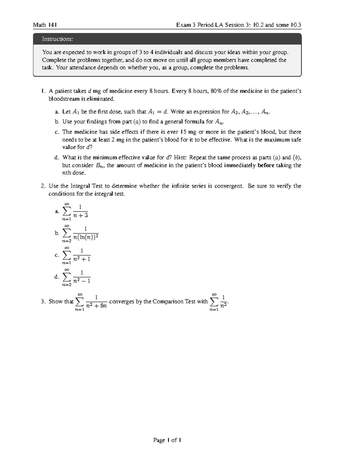 Math 141 Exam 3 group work instructions and problem-solving guide - Studocu